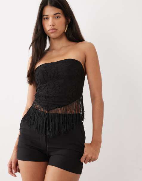 ASOS DESIGN top z szalowym dekoltem i frędzlami w kolorze czarnym - view 1