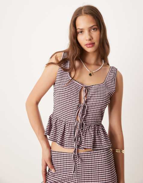 ASOS DESIGN tie detail top in pink and black gingham