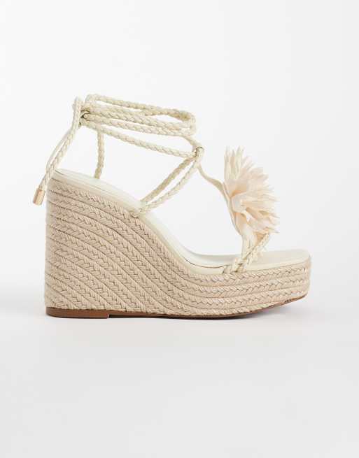ASOS DESIGN Topaz square toe wedges with flower trim in beige, 2 of 4
