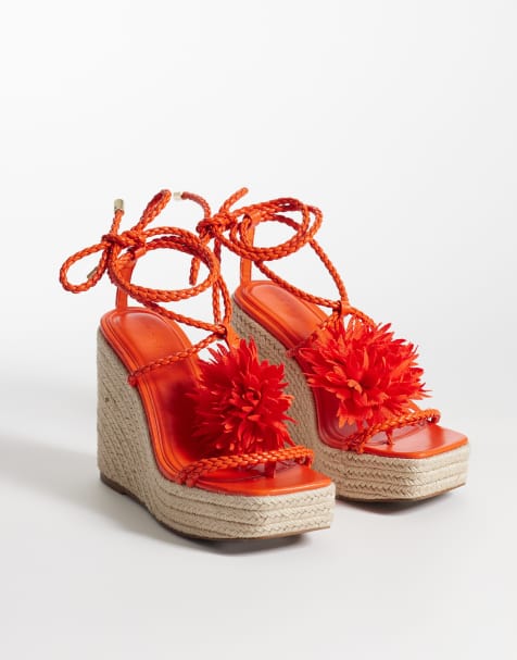 ASOS DESIGN Topaz square toe wedges with flower trim in red - view 1