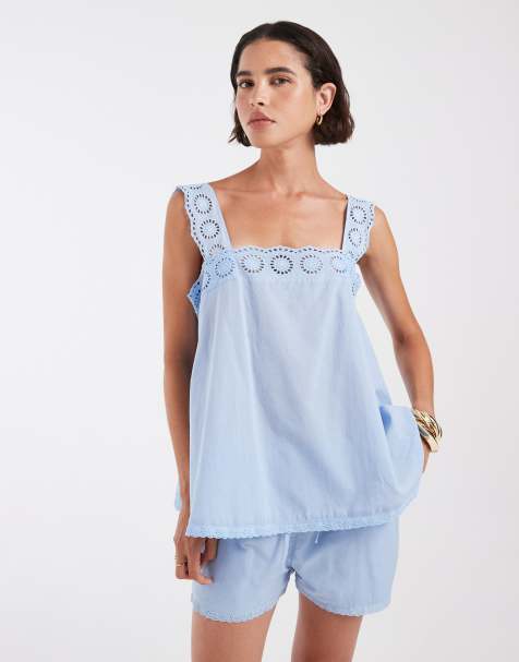 ASOS DESIGN topp i babydoll-modell med spetskant i bomull, set i ljusblått - view 1