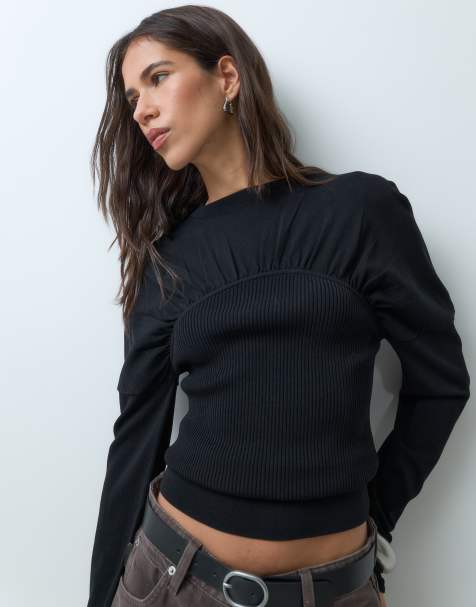 ASOS DESIGN topp i finstickad kvalitet med rynkdetalj och långa ärmar i svart - view 1