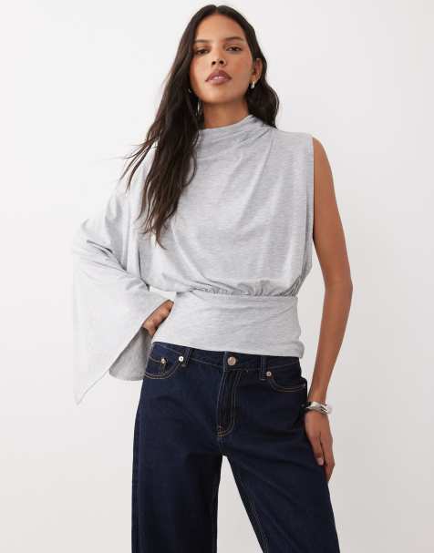 ASOS DESIGN topp i jersey med en draperad ärm i grått - view 1