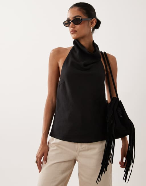 ASOS DESIGN topp i linneblandning med drapering och halterneck i svart, 2 av 4