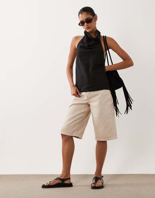 ASOS DESIGN topp i linneblandning med drapering och halterneck i svart, 3 av 4