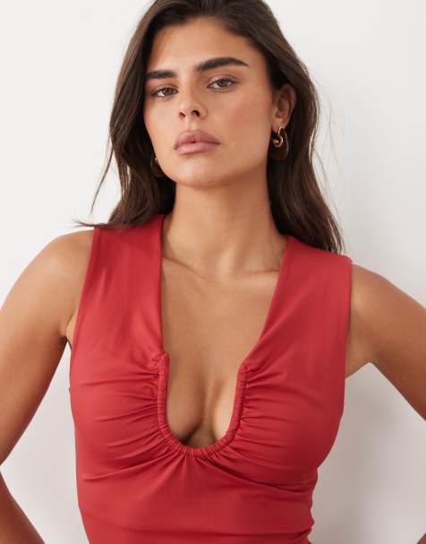 ASOS DESIGN topp i polyamid med rundad halsringning i burgundy - view 1