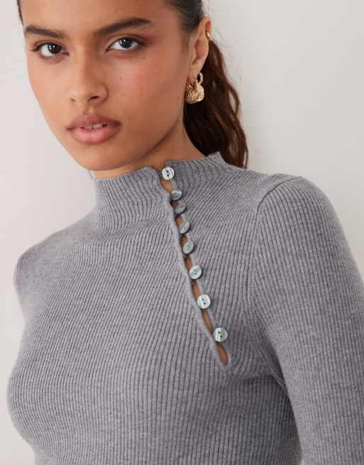 ASOS DESIGN topp i ribbad stickning med knappdetalj och långa ärmar i mörkgrå, 3 av 4