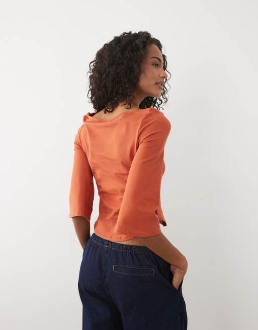 ASOS DESIGN topp med 3/4-ärm och båtringning i rost, 3 av 4