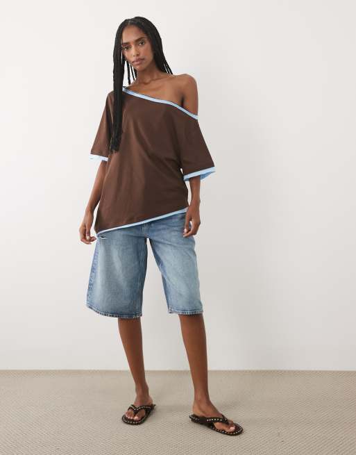 ASOS DESIGN topp med bara axlar och kontrastdetalj i brunt och blått, 2 av 4