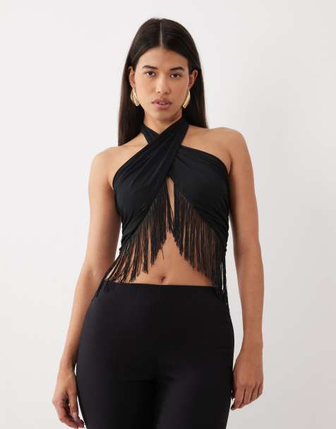 ASOS DESIGN topp med halterneck, drapering och fransar i svart - view 1