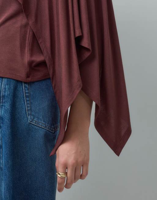ASOS DESIGN topp med halvlång ärm och capedetalj i brun, 3 av 4