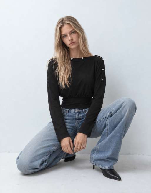 ASOS DESIGN topp med knappar och långa ärmar i svart, 5 av 8