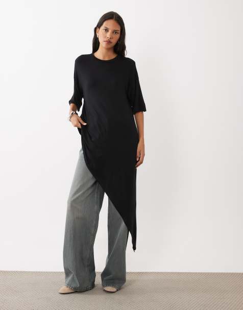 ASOS DESIGN topp med rund halsringning och asymmetrisk volangfåll i svart - view 1