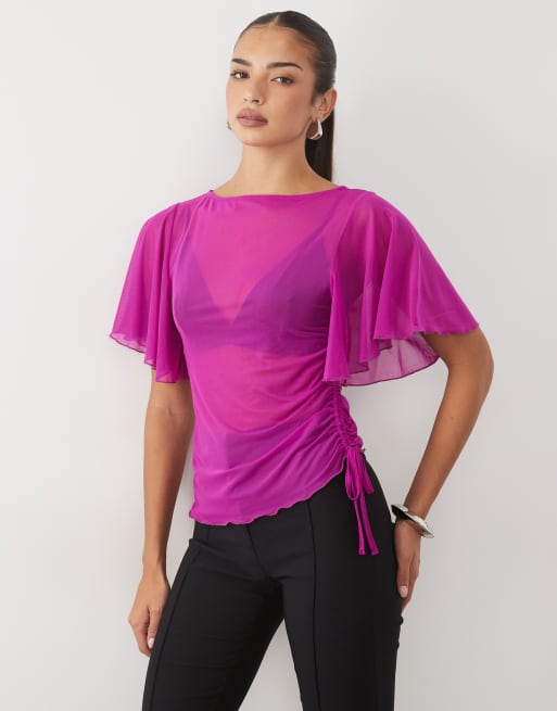 ASOS DESIGN topp med rynkning i sidan och draperad ärm i lila, 2 av 4