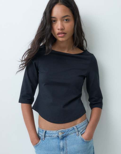 ASOS DESIGN topp med snedskuren ringning och rundad nederkant, 3/4-ärmar, svart, 4 av 5