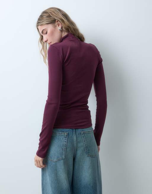 ASOS DESIGN topp med ståkrage och långa ärmar i plommon, 4 av 5