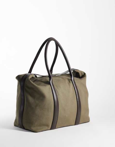 ASOS DESIGN torba podróżna z płótna z kontrastowymi brązowymi paskami w kolorze khaki - view 1
