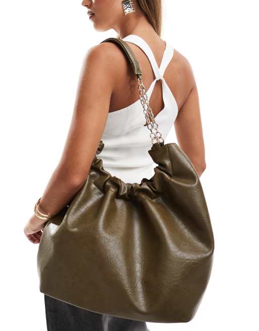ASOS DESIGN – Torba typu tote w kolorze khaki z marszczonym zamknięciem i rączką z łańcuszka