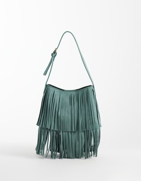 ASOS DESIGN torebka na ramię z frędzlami z imitacji zamszu w kolorze miętowym - view 1