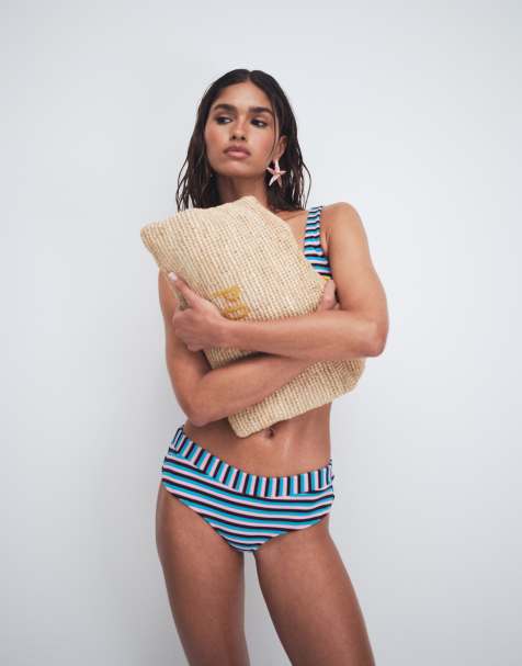 ASOS DESIGN Tori badstof hotpant-bikinislip met teal cherry streep - view 1