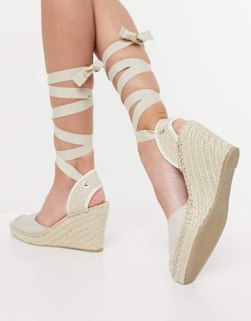 Women Tie Leg Design Espadrille Court Wedges, Vacation Denim Shoes