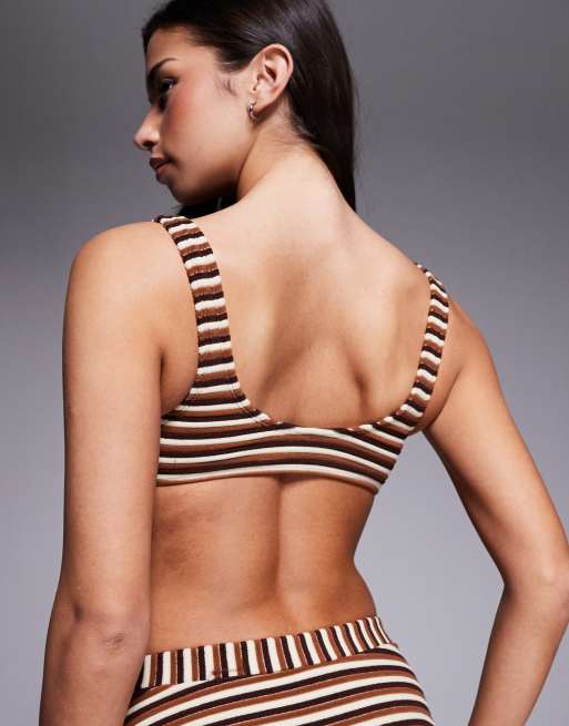 ASOS DESIGN Tori towelling Seville plunge bikini top in caramel stripe, 2 of 4