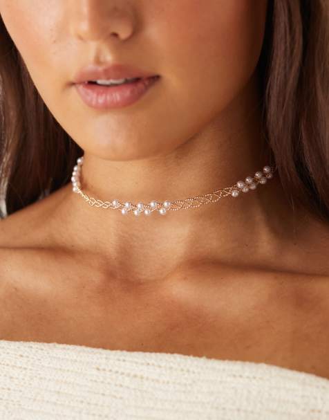 ASOS DESIGN torque choker necklace with faux pearls in gold tone - view 1