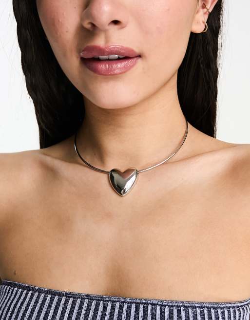 DESIGN torque choker necklace with puff heart design in silver tone | ASOS