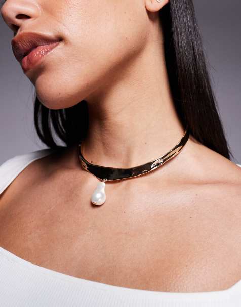 ASOS DESIGN - Torque - Collarino rigido dorato con perla sintetica - view 1