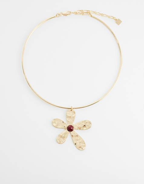 ASOS DESIGN - Torque ketting met gehamerde bloemhanger in goudkleur - view 1