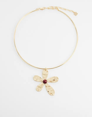 Asos Design Torque Necklace With Hammered Flower Pendant In Gold