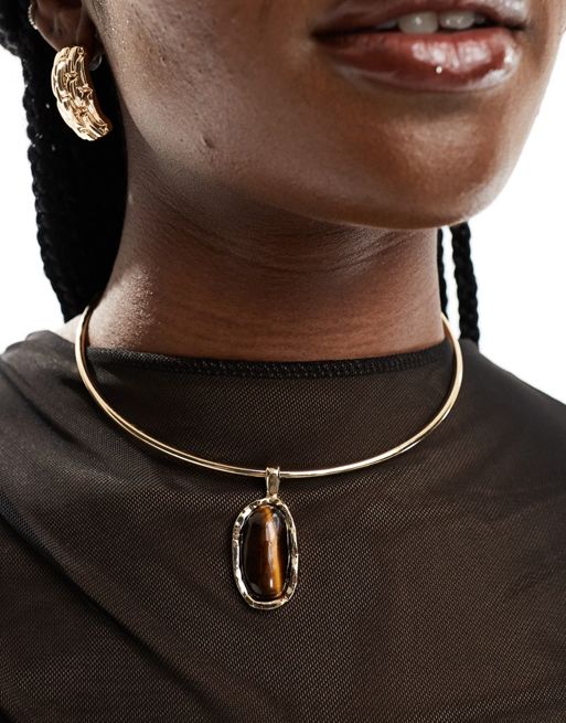 CerbeShops DESIGN torque necklace with real semi precious tigers eye stone pendant in gold tone
