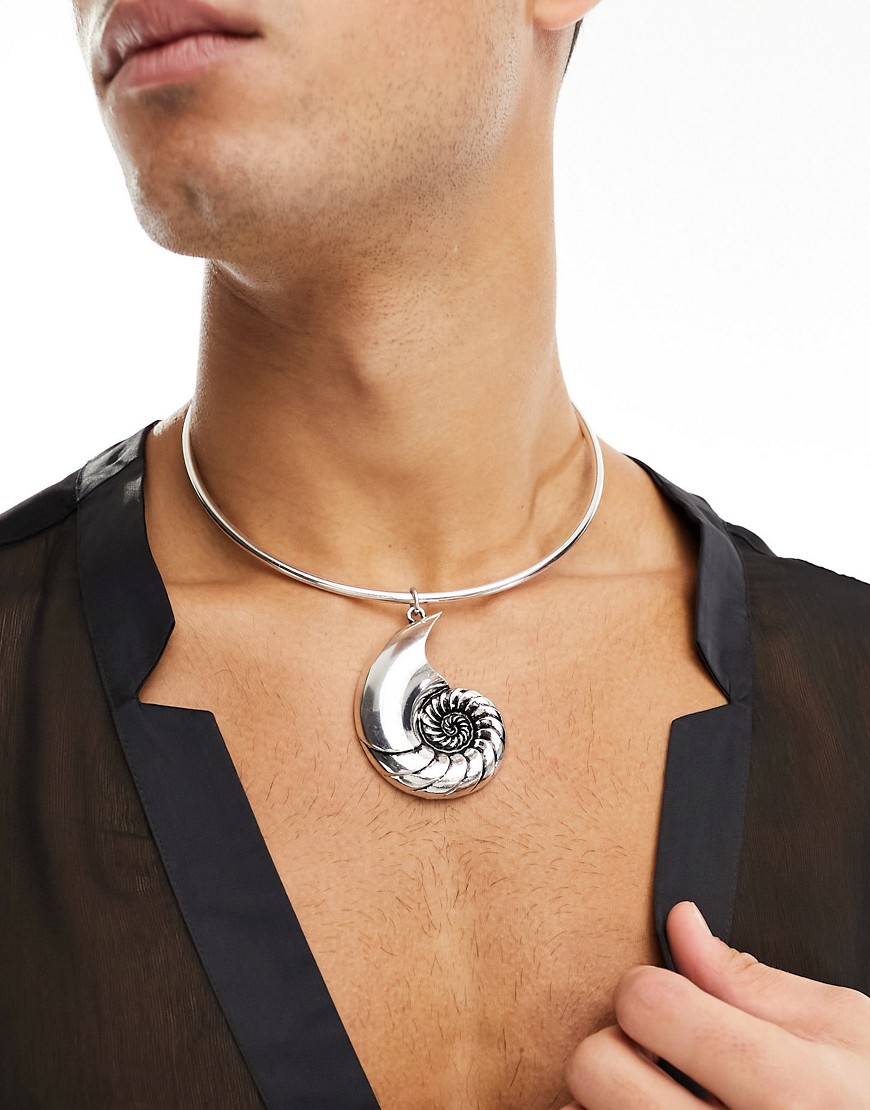 ASOS DESIGN torque necklace with shell pendant in silver tone