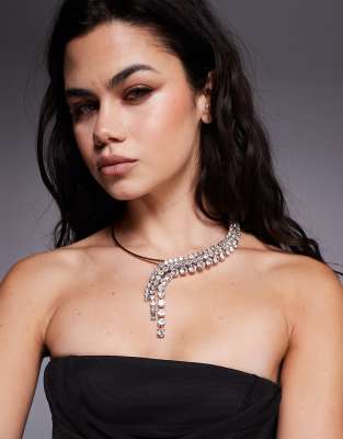Asos Design Torque Necklace With Sparkly Diamante Waterfall Detail In Metallic