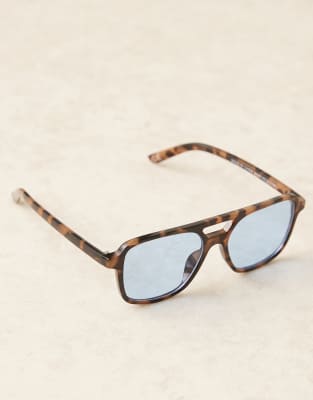 Asos Design Tort Aviator Sunglasses With Blue Lens-brown
