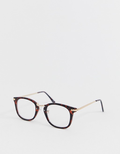ASOS DESIGN tort glasses in brown with clear lens and gold metal detail