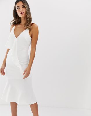 white ruffle detail plunge midi dress