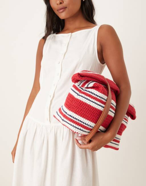 ASOS DESIGN - Tote bag à rayures en maille au crochet fait main - Rouge et bleu, 3 de 4