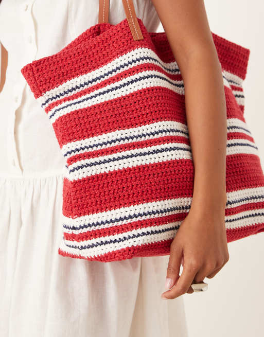 ASOS DESIGN - Tote bag à rayures en maille au crochet fait main - Rouge et bleu, 4 de 4