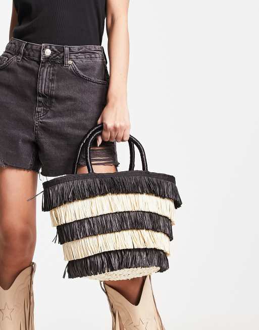 ASOS DESIGN - Tote bag en paille à franges - Noir et naturel , 3 de 4