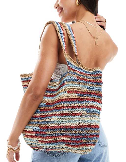 ASOS DESIGN - Tote bag en paille en maille au crochet fait main à rayures - Multicolore , 4 de 4