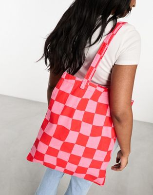 ASOS DESIGN printed checkerboard canvas tote bag in pink and red - MULTI - ASOS Price Checker