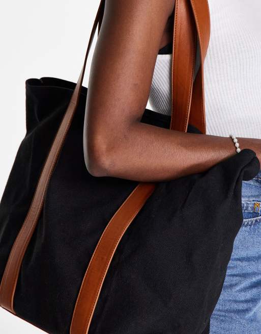 ASOS DESIGN - Tote bag en toile avec poignée en PU - Noir , 2 de 4