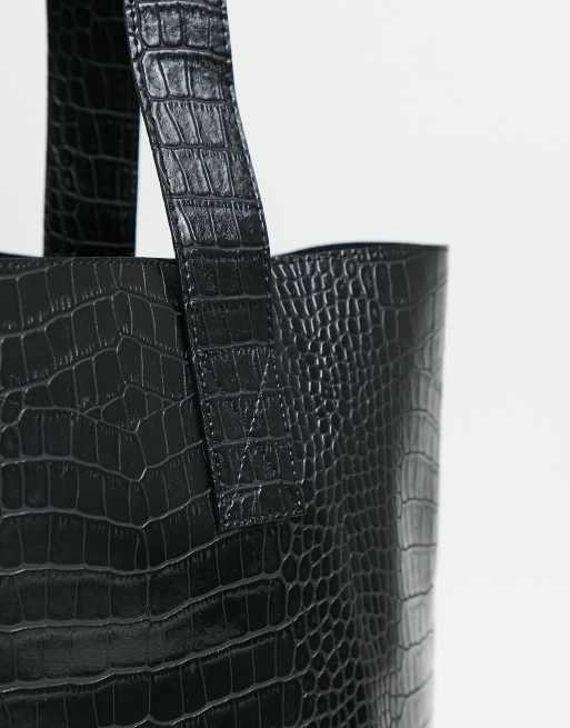 Black Faux Croc Mini Tote Bag