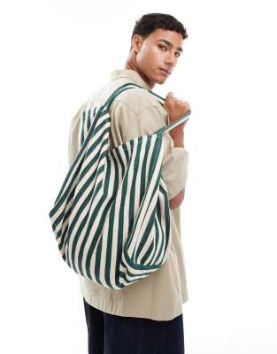 ASOS DESIGN tote bag in ecru and green stripe - view 1