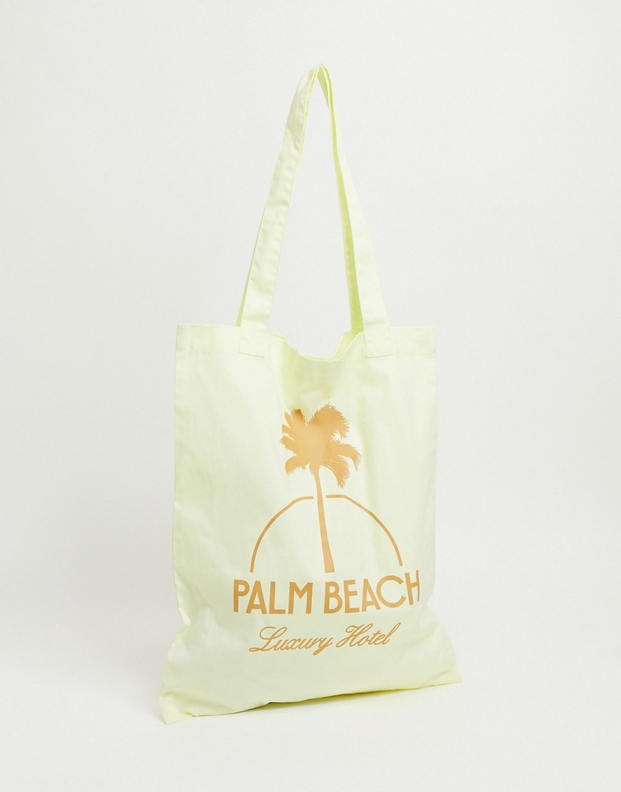 Asos Design Tote Bag In Lemon Yellow With Palm Beach Print