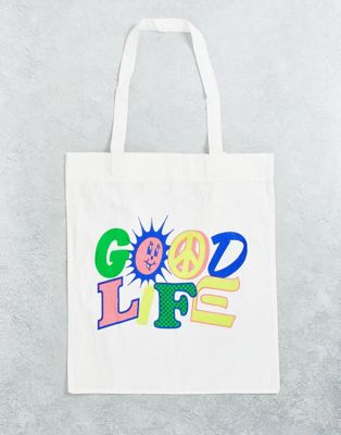 ASOS DESIGN tote bag in natural canvas with good life print