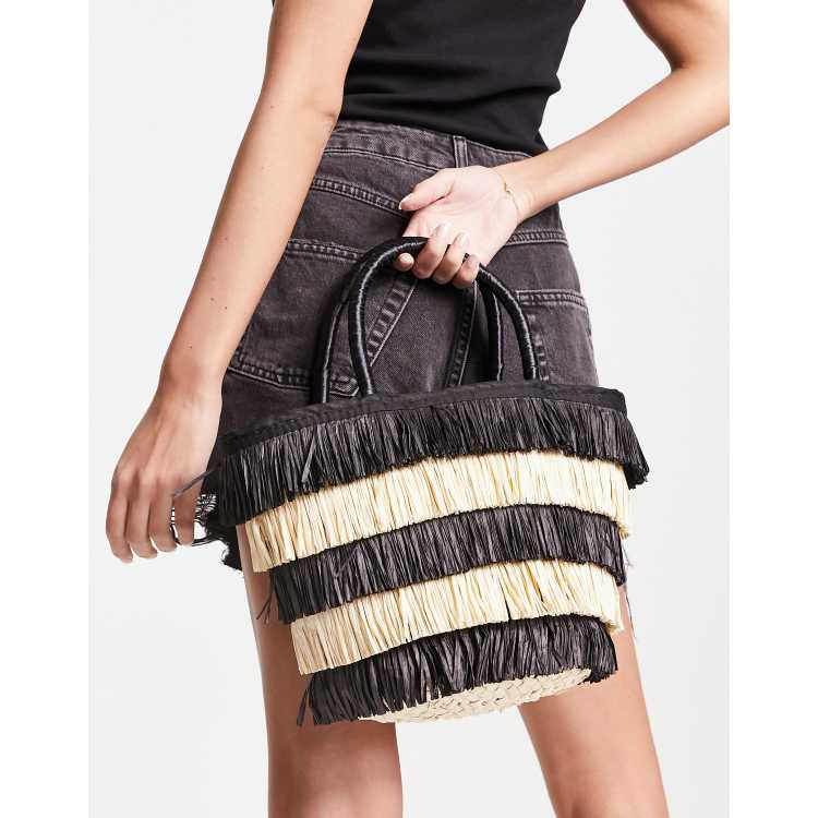 ASOS DESIGN tote bag in straw with black and natural fringe ASOS