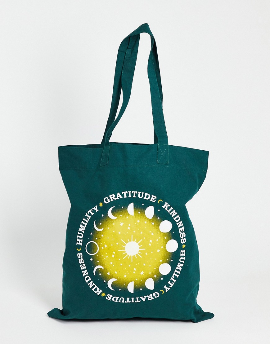 ASOS DESIGN tote bag in teal with gratitude print-Green