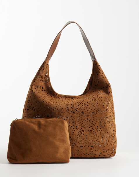 ASOS DESIGN Tote-Bag in Wildlederoptik mit Cutwork und Innentasche in Hellbraun - view 1